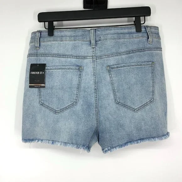 Forever 21 Denim Shorts Button Fly Blue Distressed Denim Fray - Picture 6 of 9